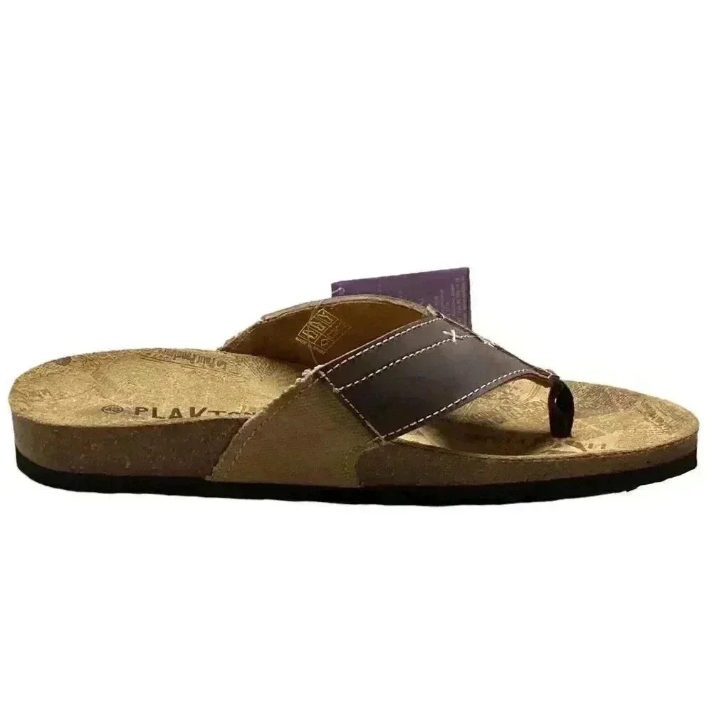Plakton Women 10.5 43 Leather Cork Flat Thong Slide Sanals Brown Embroidery NEW - Picture 4 of 7